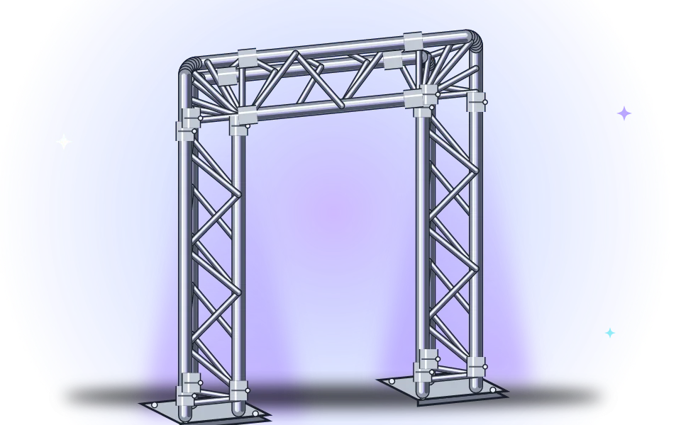 Illustration: Global Truss F33 als Torbogen aus Aluminium mit 90°-Eckelementen, Verbindern und Base Plates
