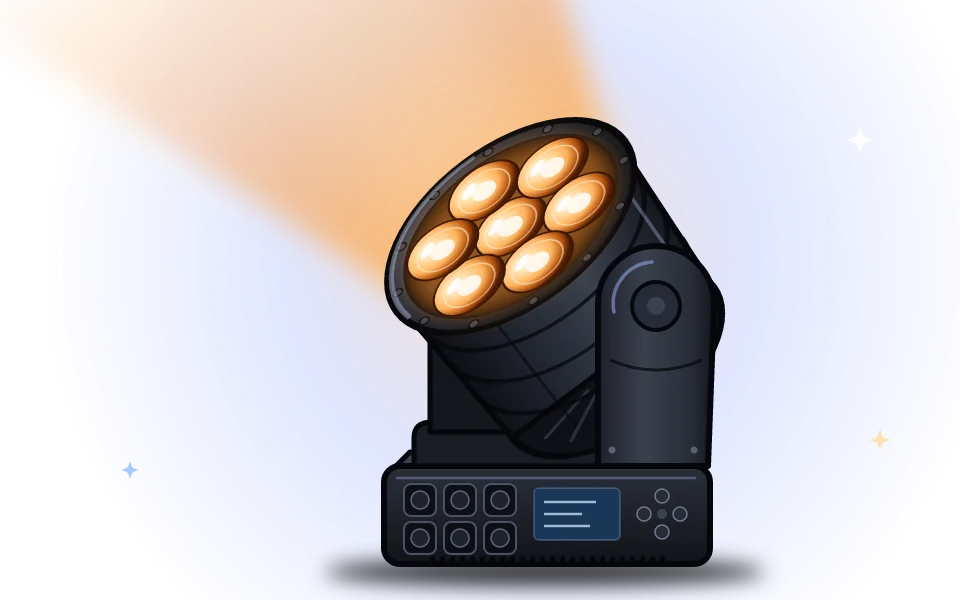 Illustration: Martin MAC Aura XIP – Moving Head mit nach links oben geneigtem Kopf, sieben leuchtenden Linsen und Wash-Lichtkegel