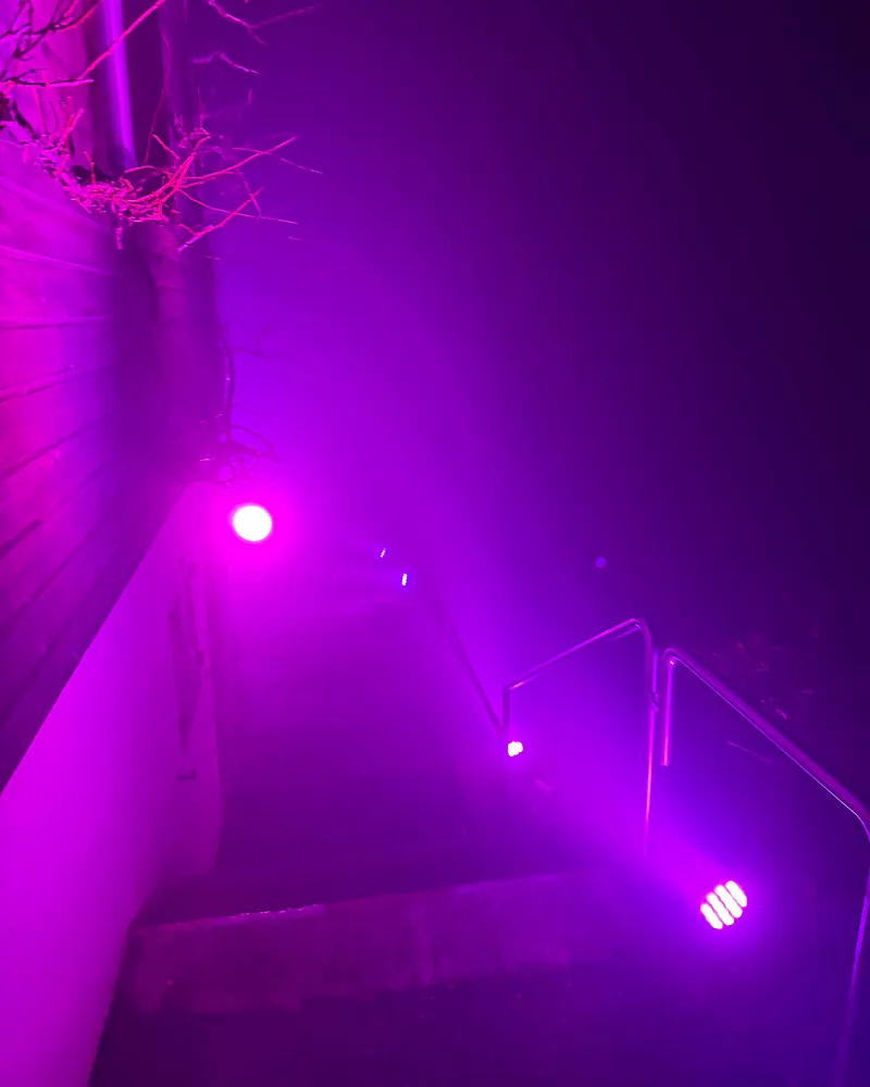 Aussentreppe mit LED-Scheinwerfern in violettem Licht und Nebel